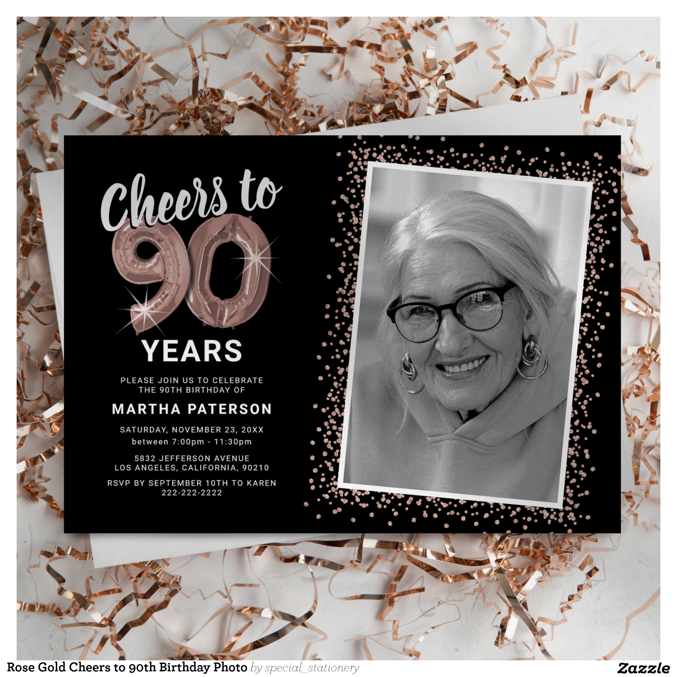 Rose Gold Cheers to 90th Birthday Photo Invitation