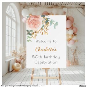 Rose gold floral greenery birthday party welcome foam board
