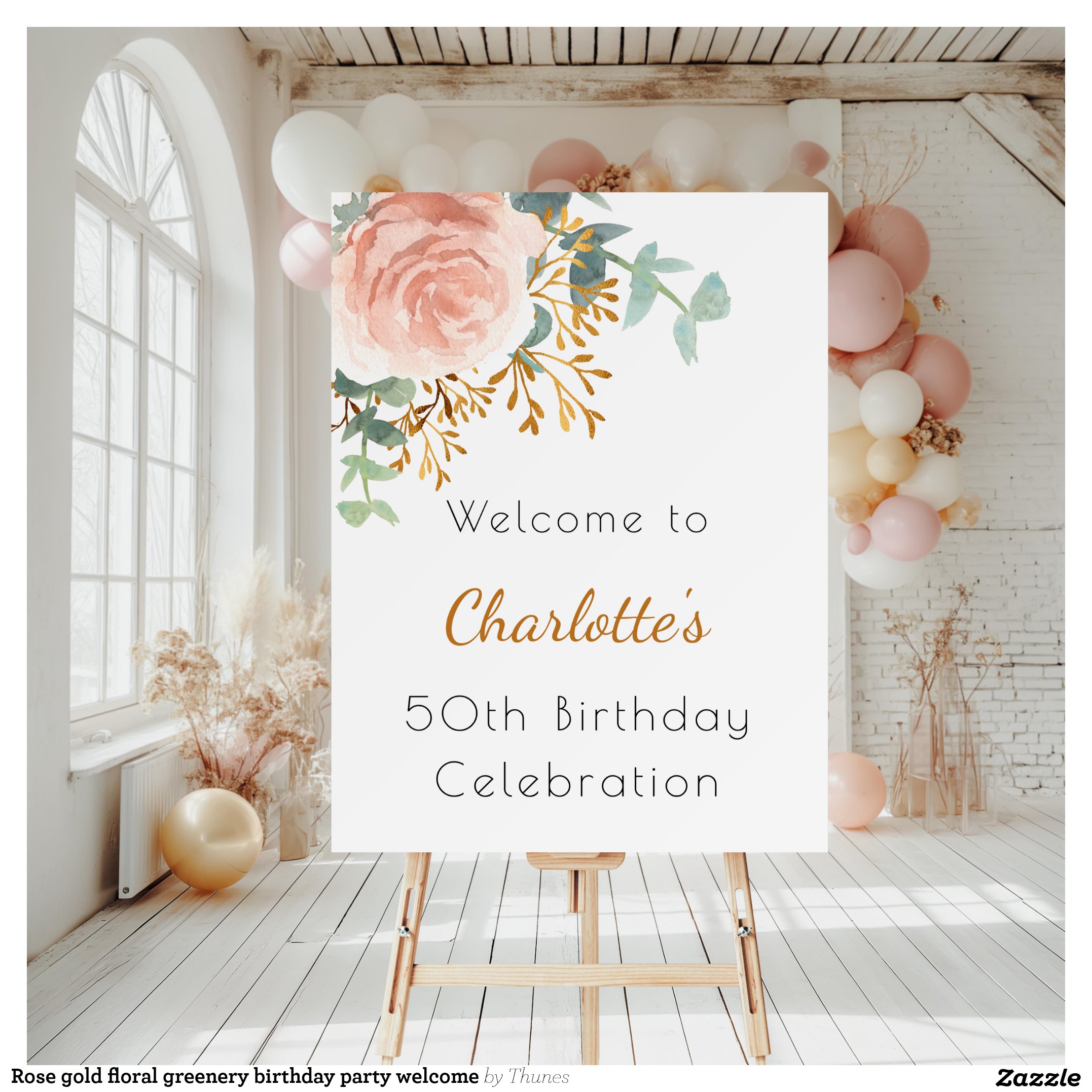 Rose gold floral greenery birthday party welcome foam board