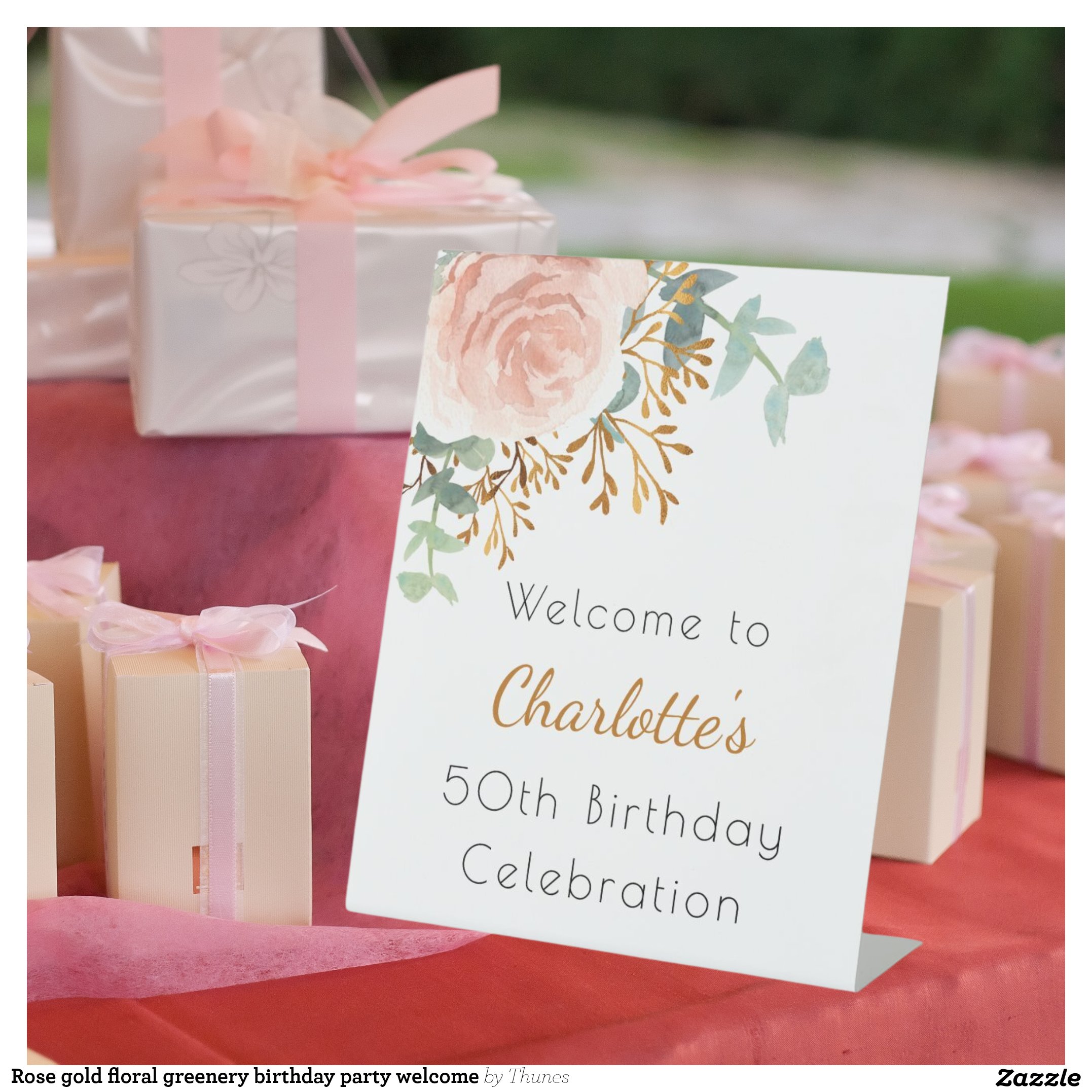 Rose gold floral greenery birthday party welcome pedestal sign