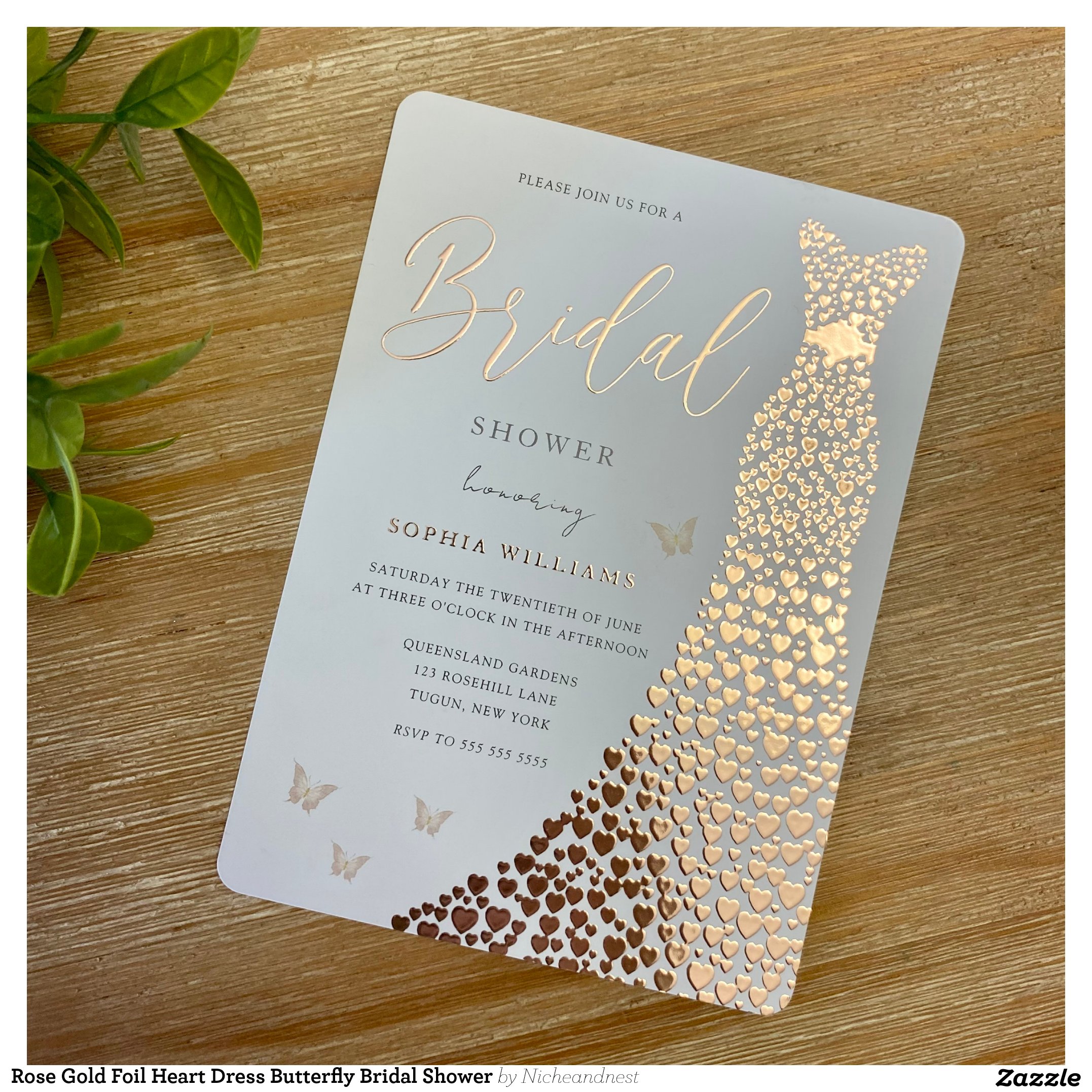 Rose Gold Foil Heart Dress Butterfly Bridal Shower Foil Invitation