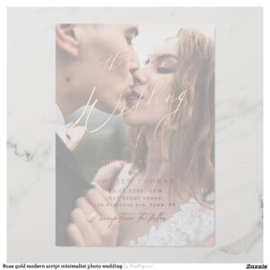 Rose gold modern script minimalist photo wedding foil invitation