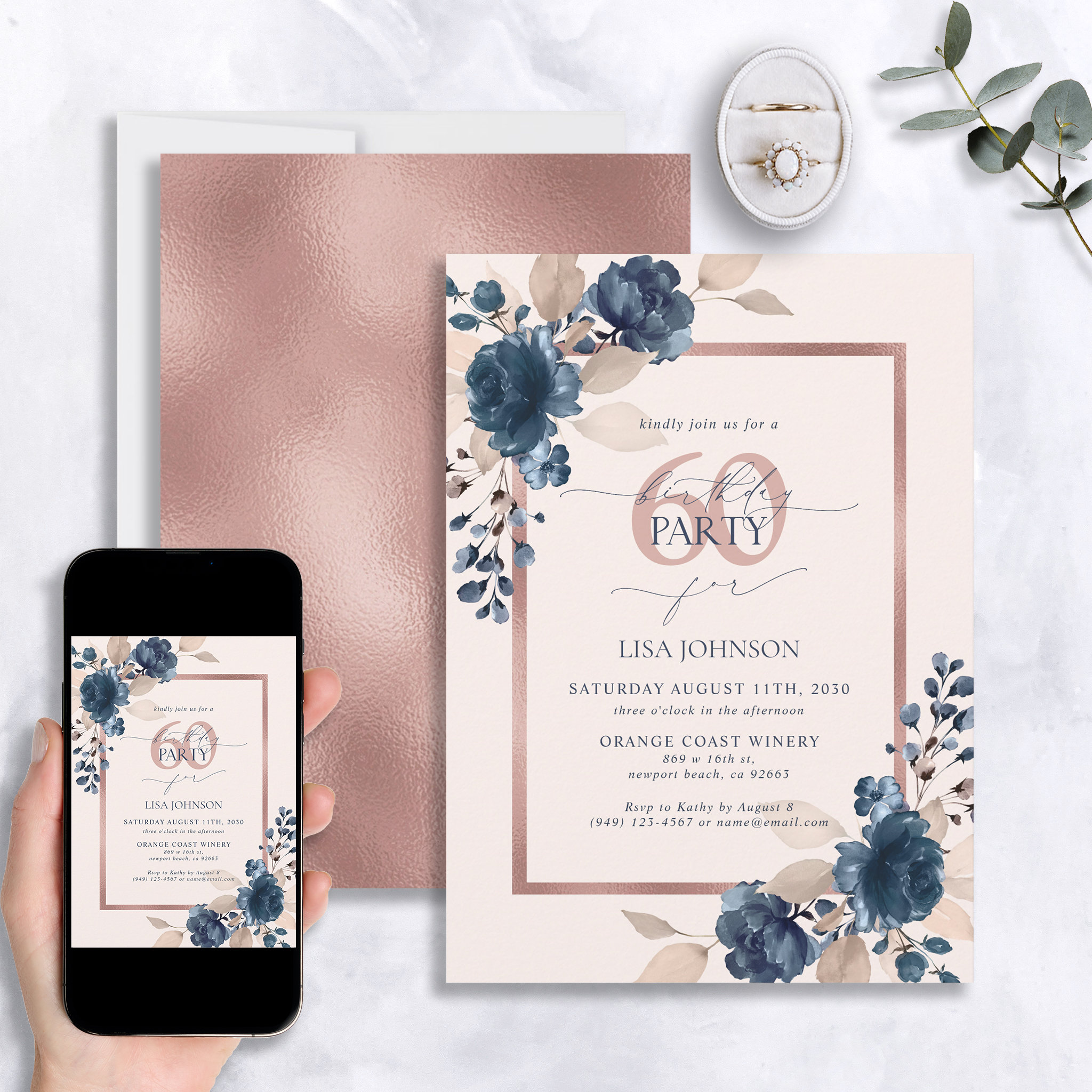 Rose Gold Navy Blue Pink 60th Birthday Floral Invitation