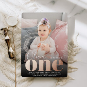Rose Gold ONE First Birthday Party Photo Foil Invitation