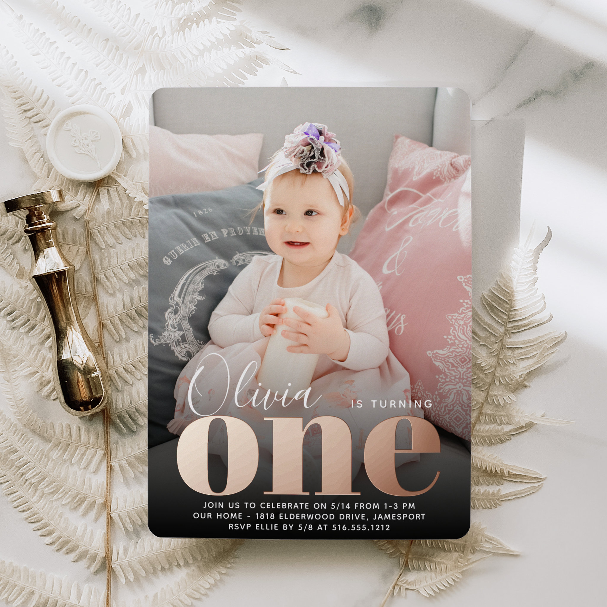 Rose Gold ONE First Birthday Party Photo Foil Invitation