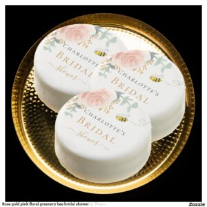 Rose gold pink floral greenery bee bridal shower chocolate covered oreo