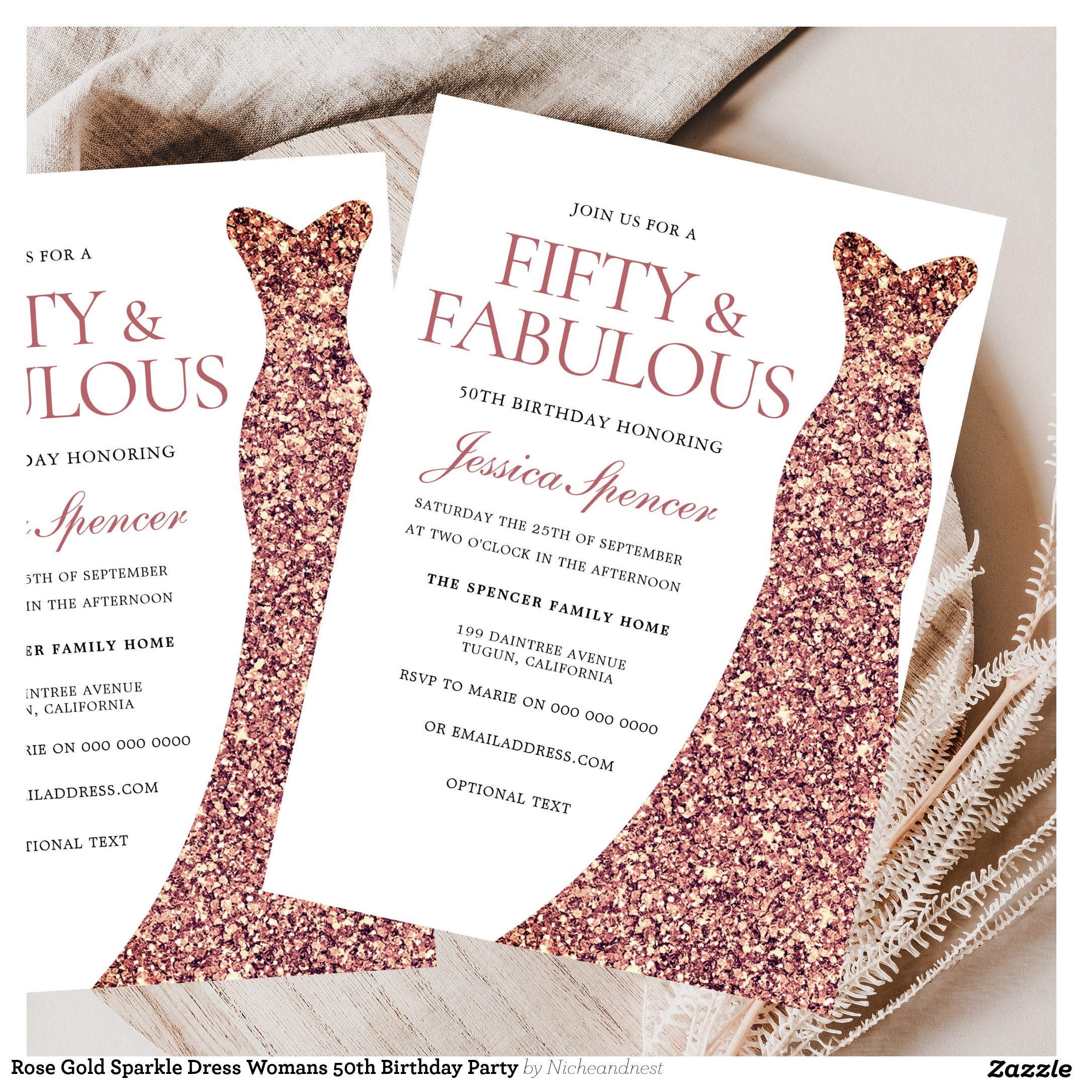 Rose Gold Sparkle Dress Womans 50th Birthday Party Invitation