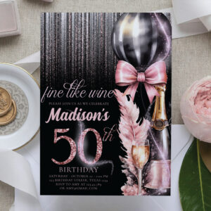 Rose Wine Luxury 50th Adult Birthday Invitation