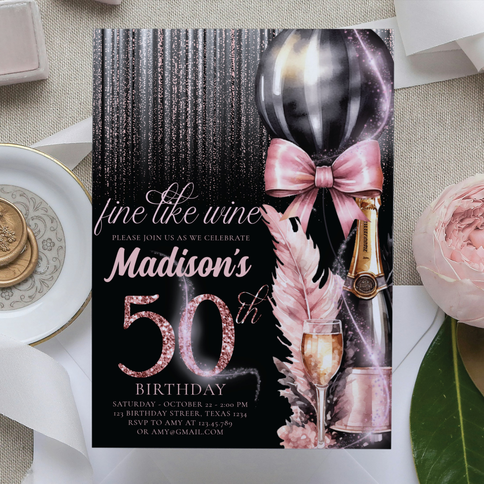Rose Wine Luxury 50th Adult Birthday Invitation