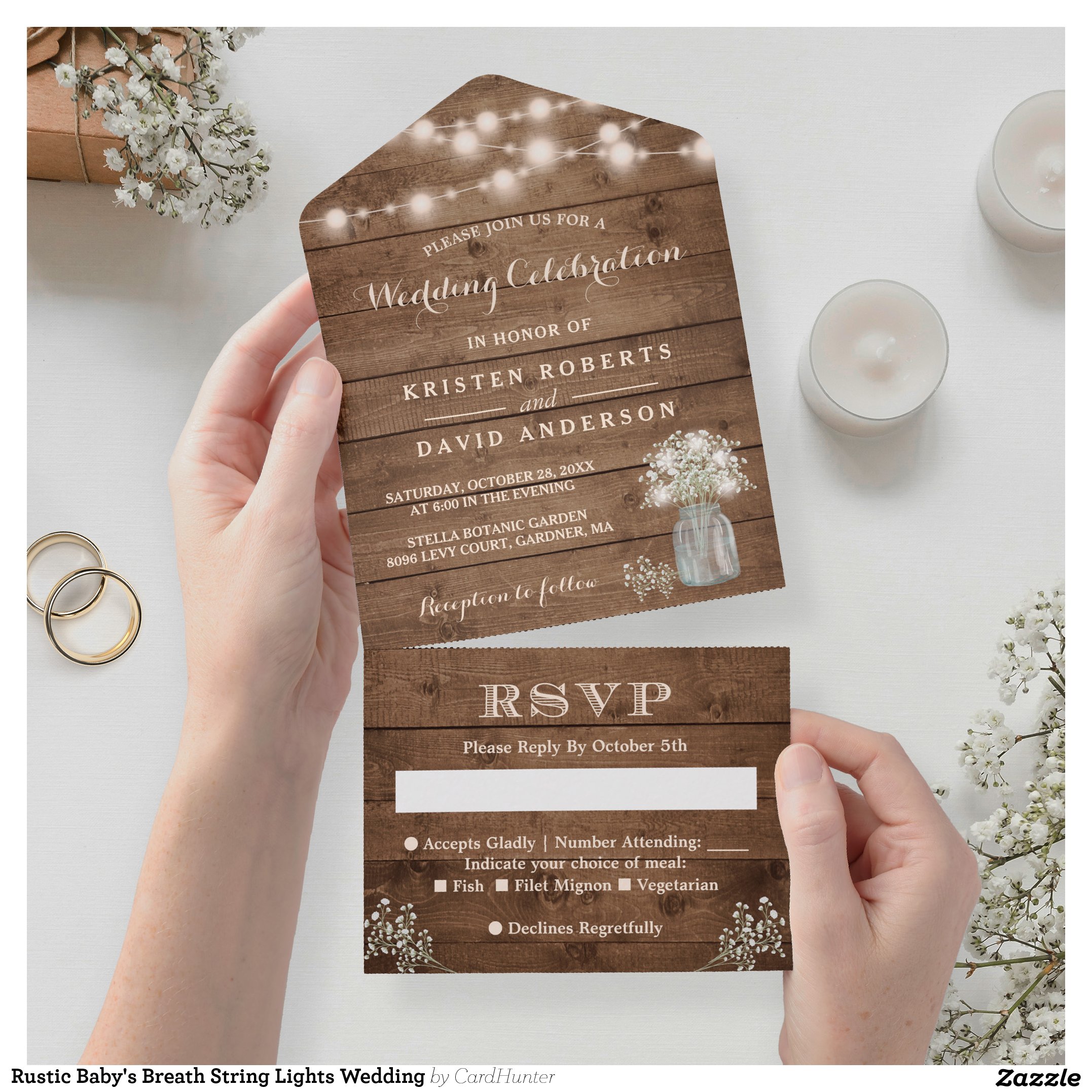 Rustic Baby's Breath String Lights Wedding All In One Invitation