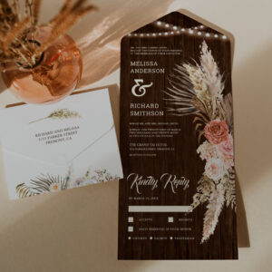 Rustic Barn Wood Earthy Floral Boho Pampas Wedding All In One Invitation