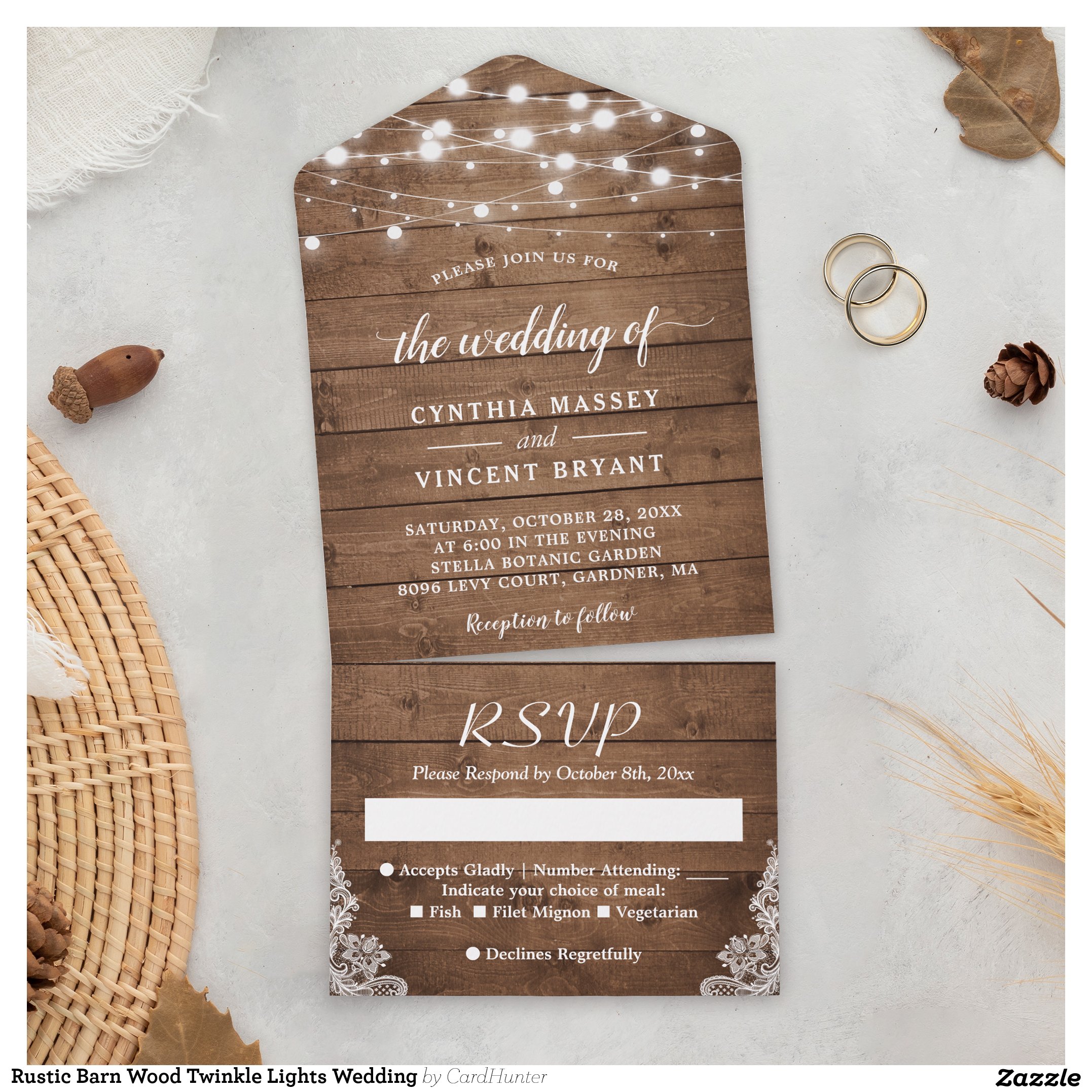 Rustic Barn Wood Twinkle Lights Wedding All In One Invitation