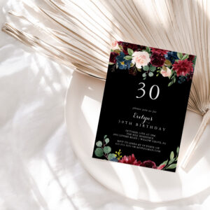 Rustic Black Botanical 30th Birthday Party Invitation