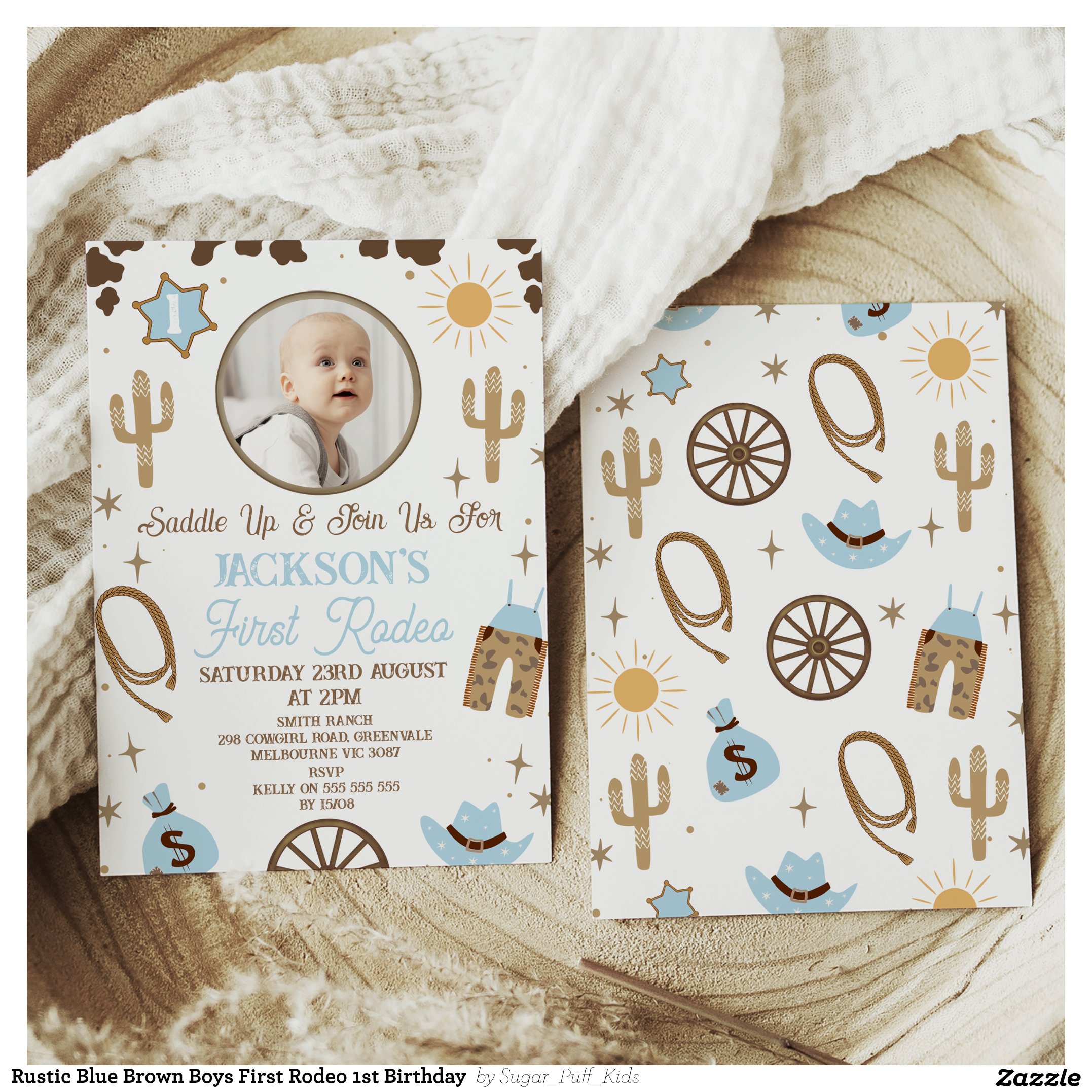 Rustic Blue Brown Boys First Rodeo 1st Birthday  Invitation