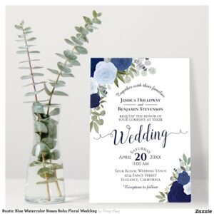 Rustic Blue Watercolor Roses Boho Floral Wedding Invitation