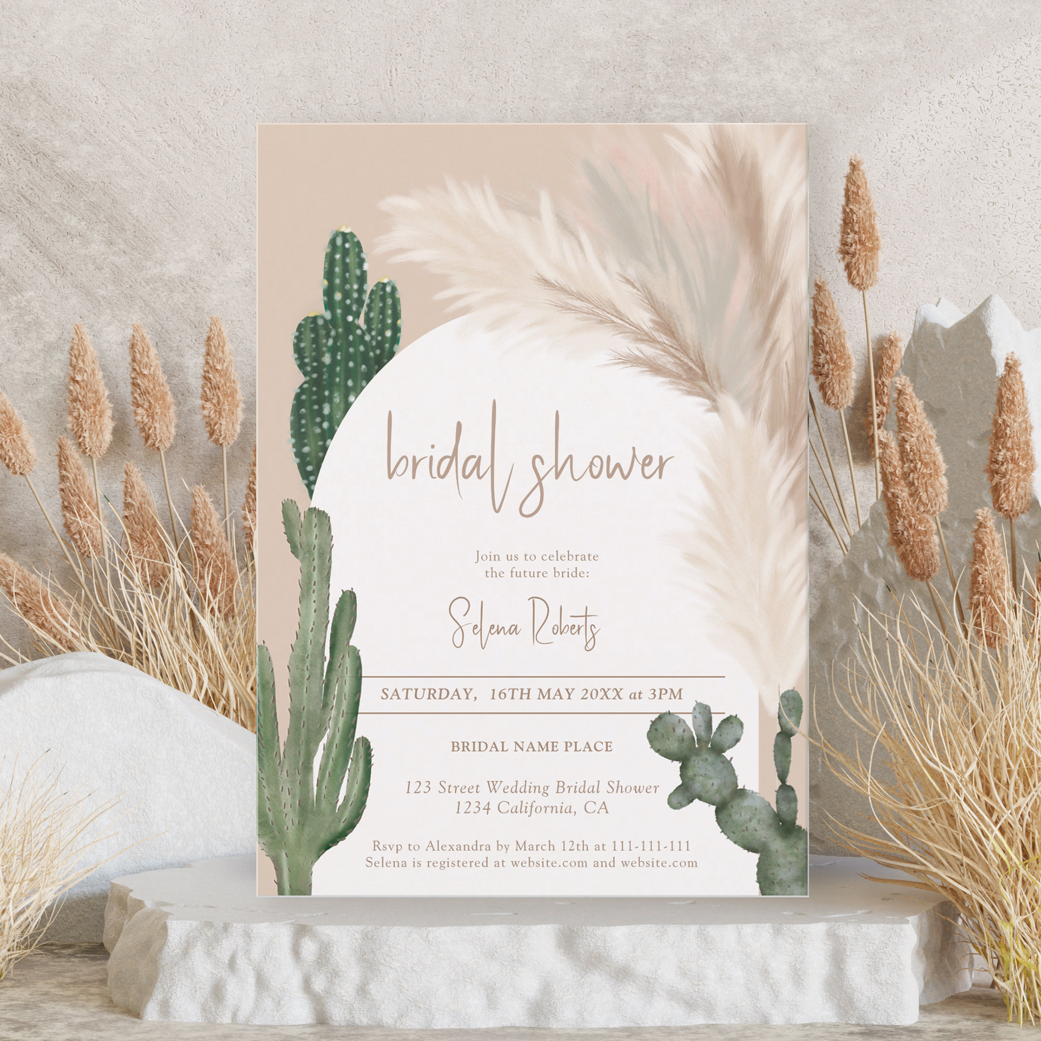 Rustic Boho chic cactus pampas arch bridal shower Invitation