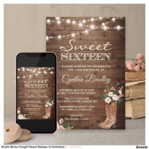 Rustic Boots Cowgirl Sweet Sixteen 16 Invitation