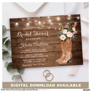 Rustic Boots Floral String Lights Bridal Shower Invitation