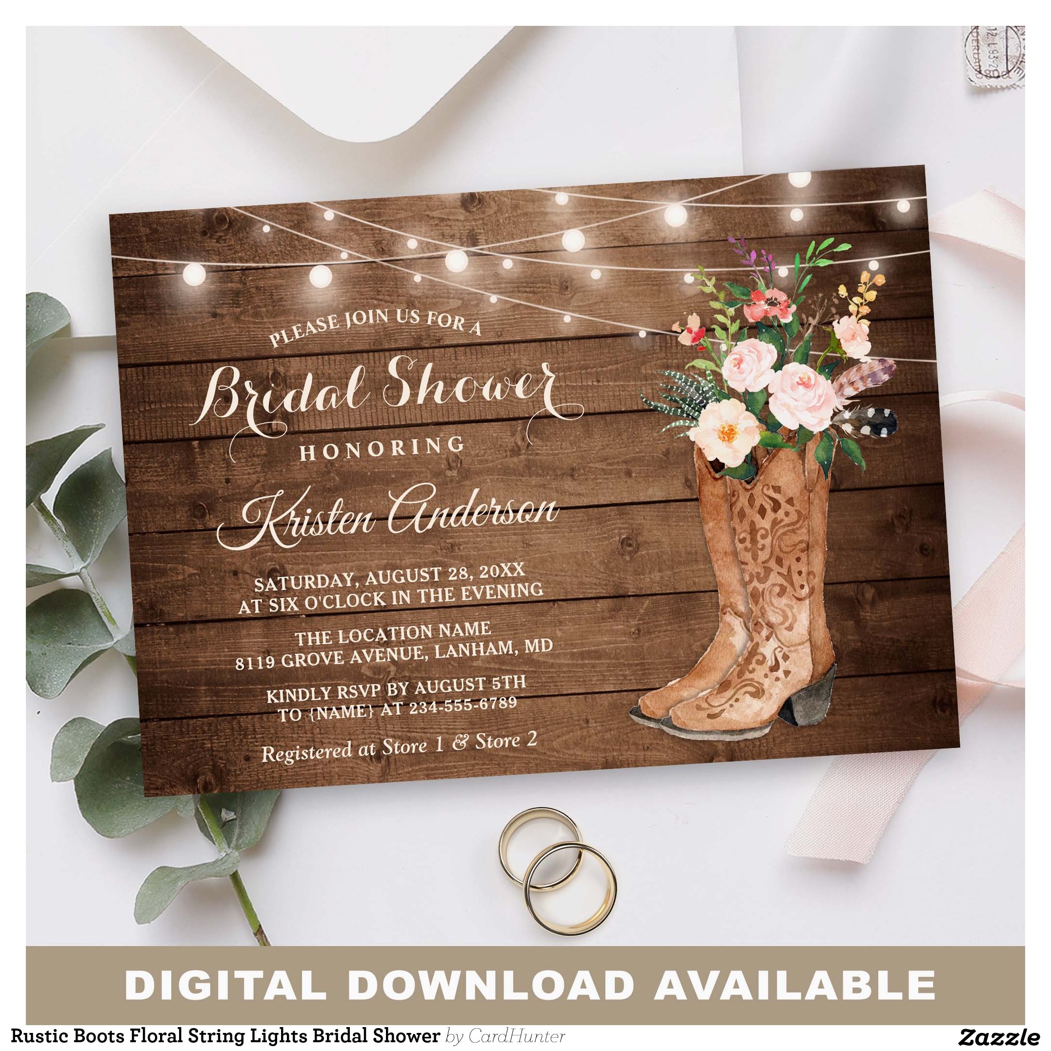 Rustic Boots Floral String Lights Bridal Shower Invitation