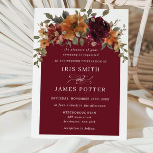Rustic Burgundy Burnt Orange Floral Arch Wedding Invitation