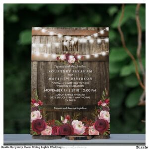 Rustic Burgundy Floral String Lights Wedding Invitation