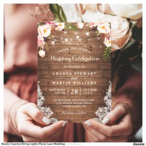Rustic Country String Lights Floral Lace Wedding Invitation