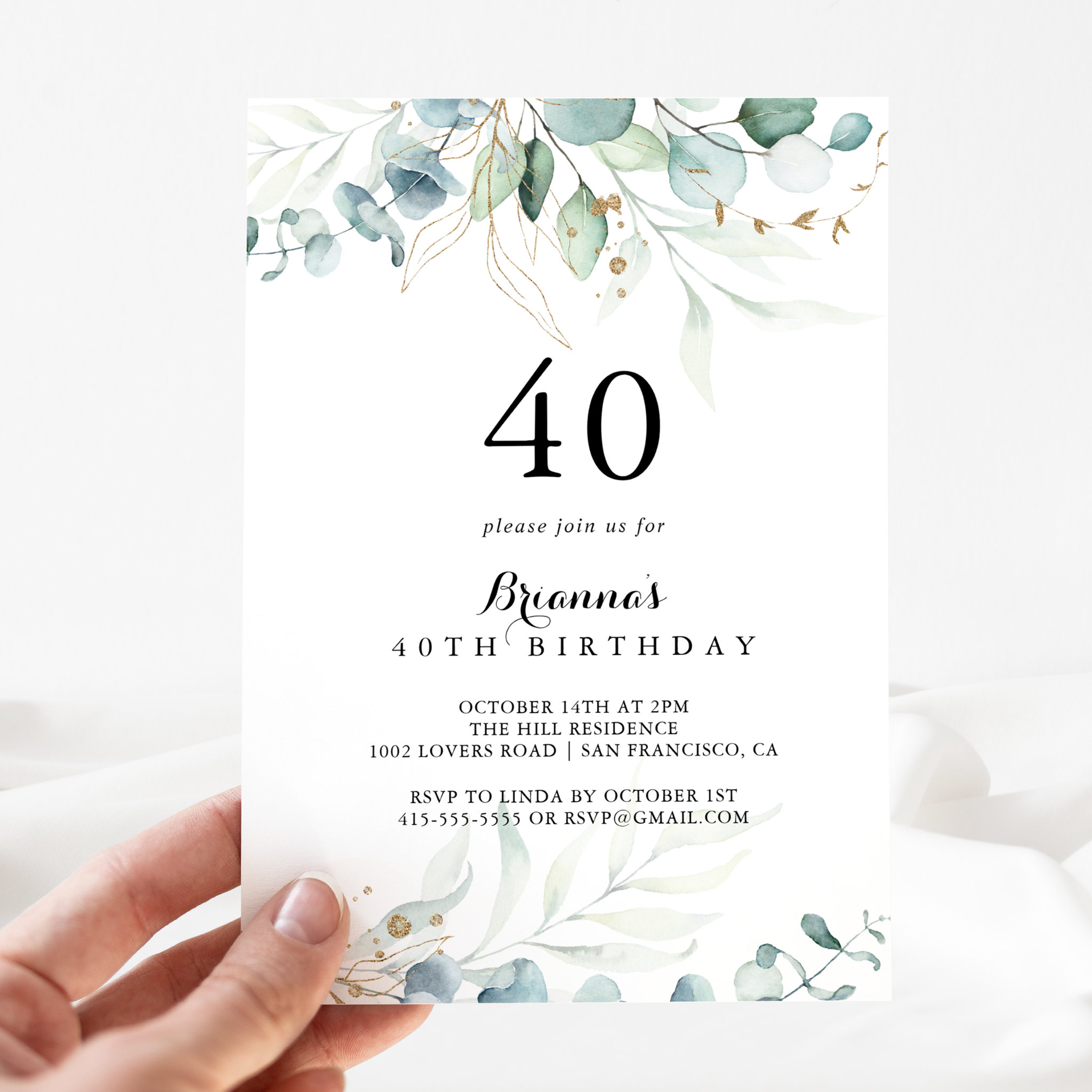 Rustic Eucalyptus Gold Floral 40th Birthday Party Invitation