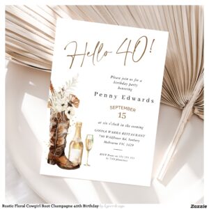 Rustic Floral Cowgirl Boot Champagne 40th Birthday Invitation
