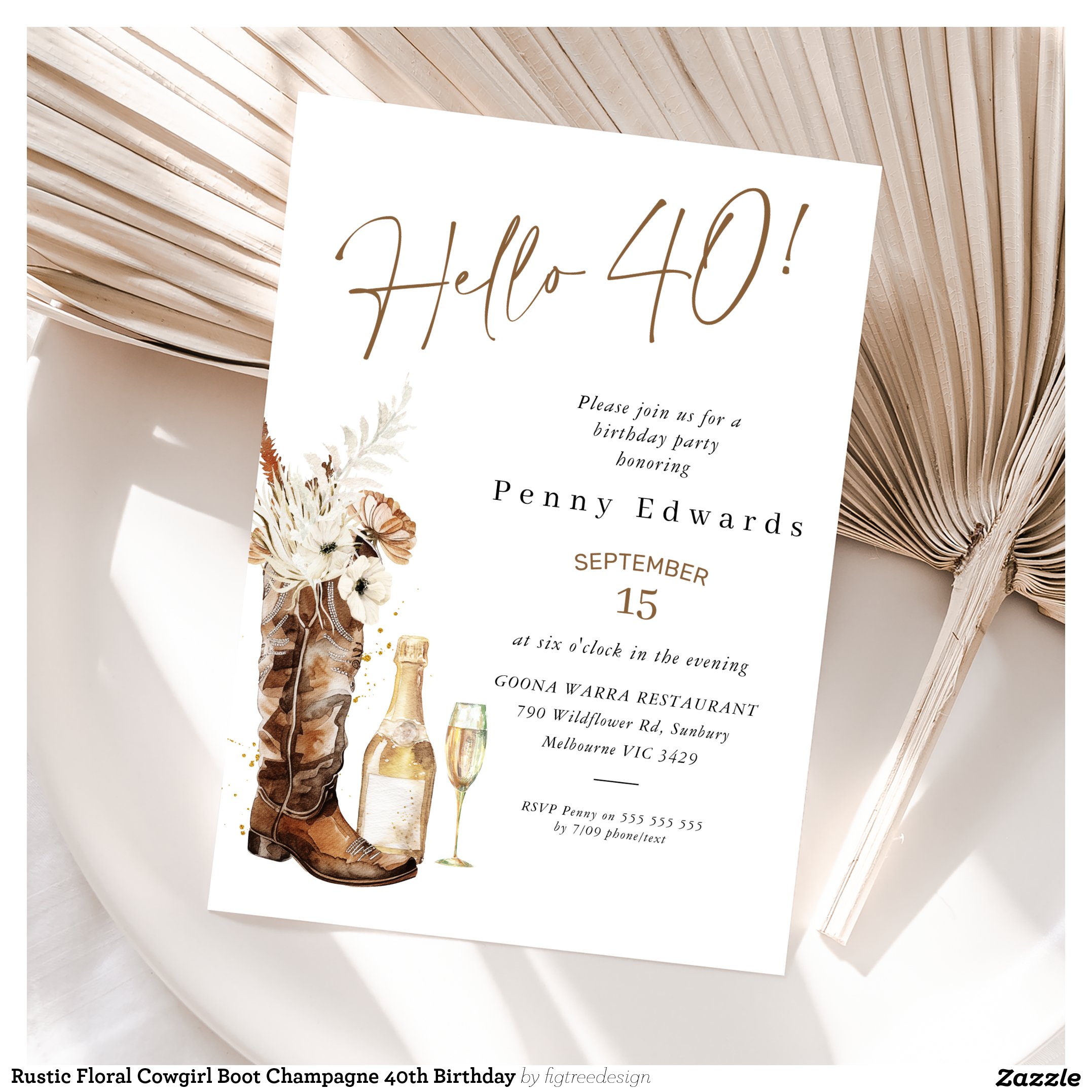 Rustic Floral Cowgirl Boot Champagne 40th Birthday Invitation