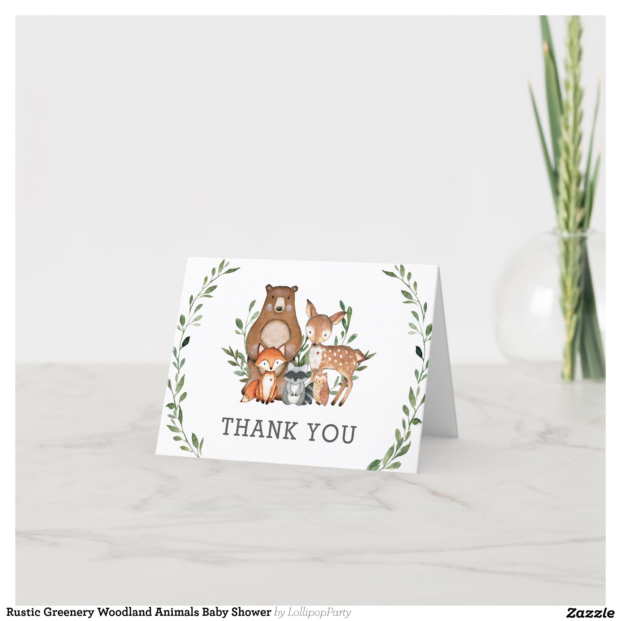 Rustic Greenery Woodland Animals Baby Shower Thank You Card