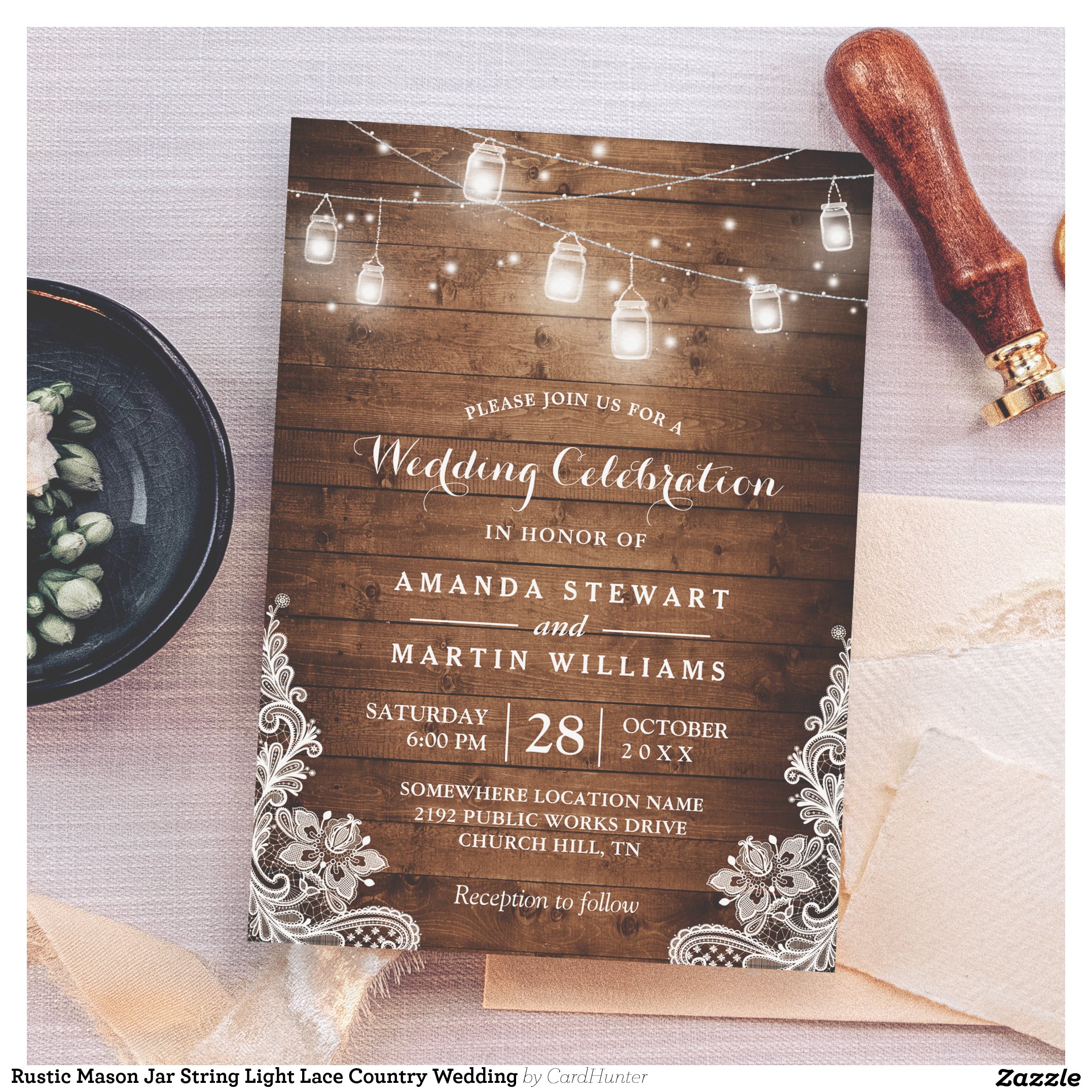 Rustic Mason Jar String Light Lace Country Wedding Invitation