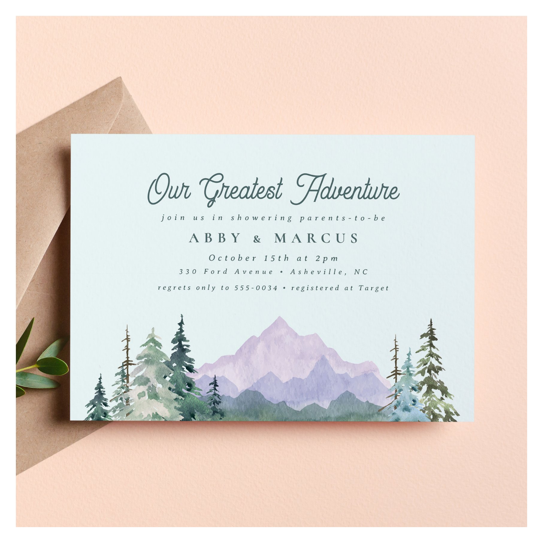 Rustic Mountain Forest Adventure Green Baby Shower Invitation