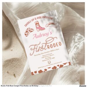 Rustic Pink Boot Cowgirl First Rodeo 1st Birthday Invitation
