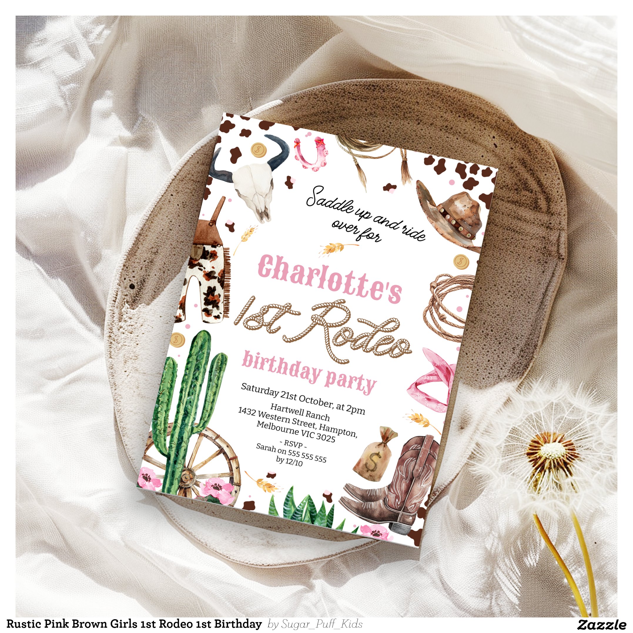 Rustic Pink Brown Girls 1st Rodeo 1st Birthday  Invitation