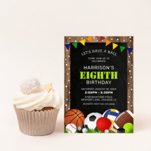 Rustic Sports Themed Kids Birthday Party Invitation
