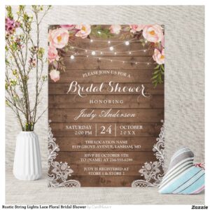 Rustic String Lights Lace Floral Bridal Shower Invitation