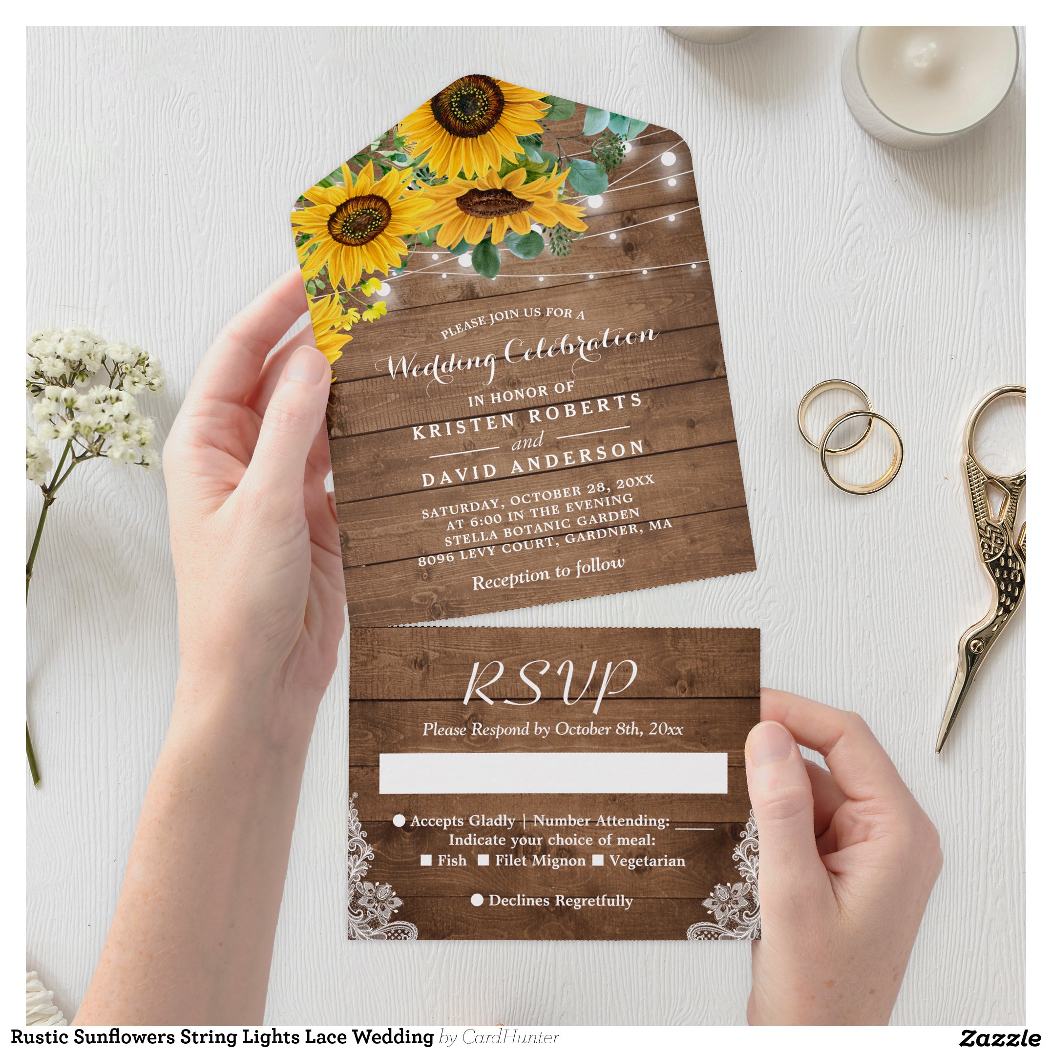Rustic Sunflowers String Lights Lace Wedding All In One Invitation
