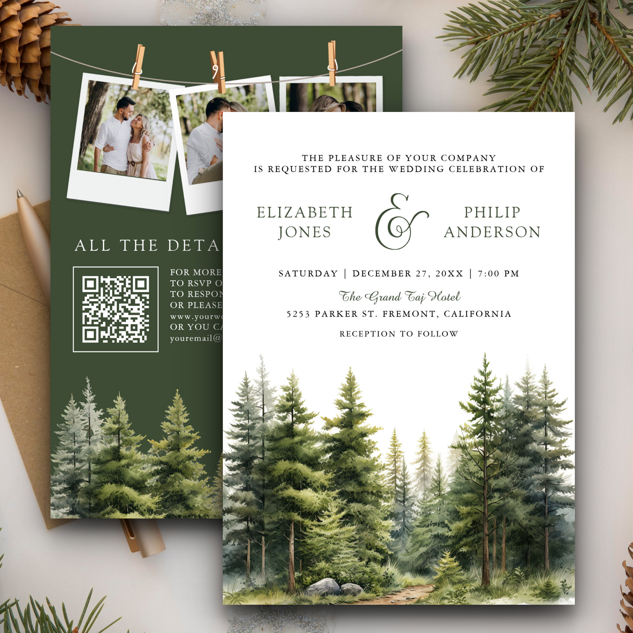 Rustic Winter Pine Trees Forest QR Code Wedding Invitation