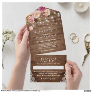 Rustic Wood String Lights Blush Floral Wedding All In One Invitation