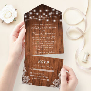 Rustic Wood String Lights Lace Wedding All In One Invitation