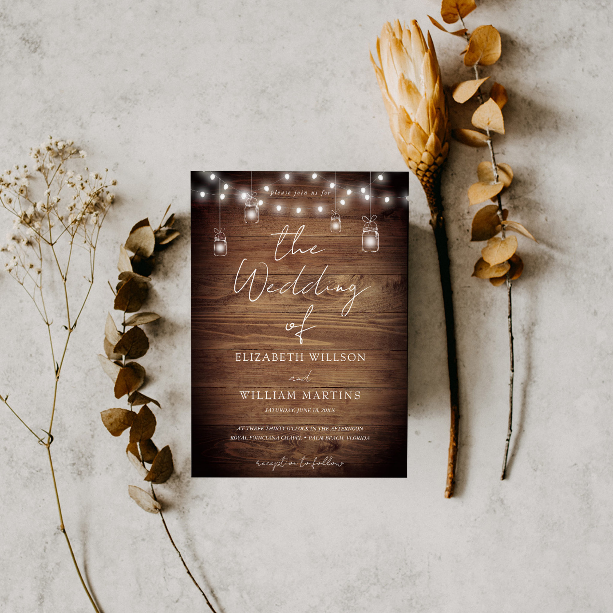 Rustic Wood String Lights Wedding QR Code RSVP Invitation
