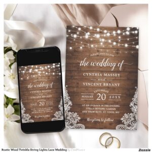 Rustic Wood Twinkle String Lights Lace Wedding Invitation