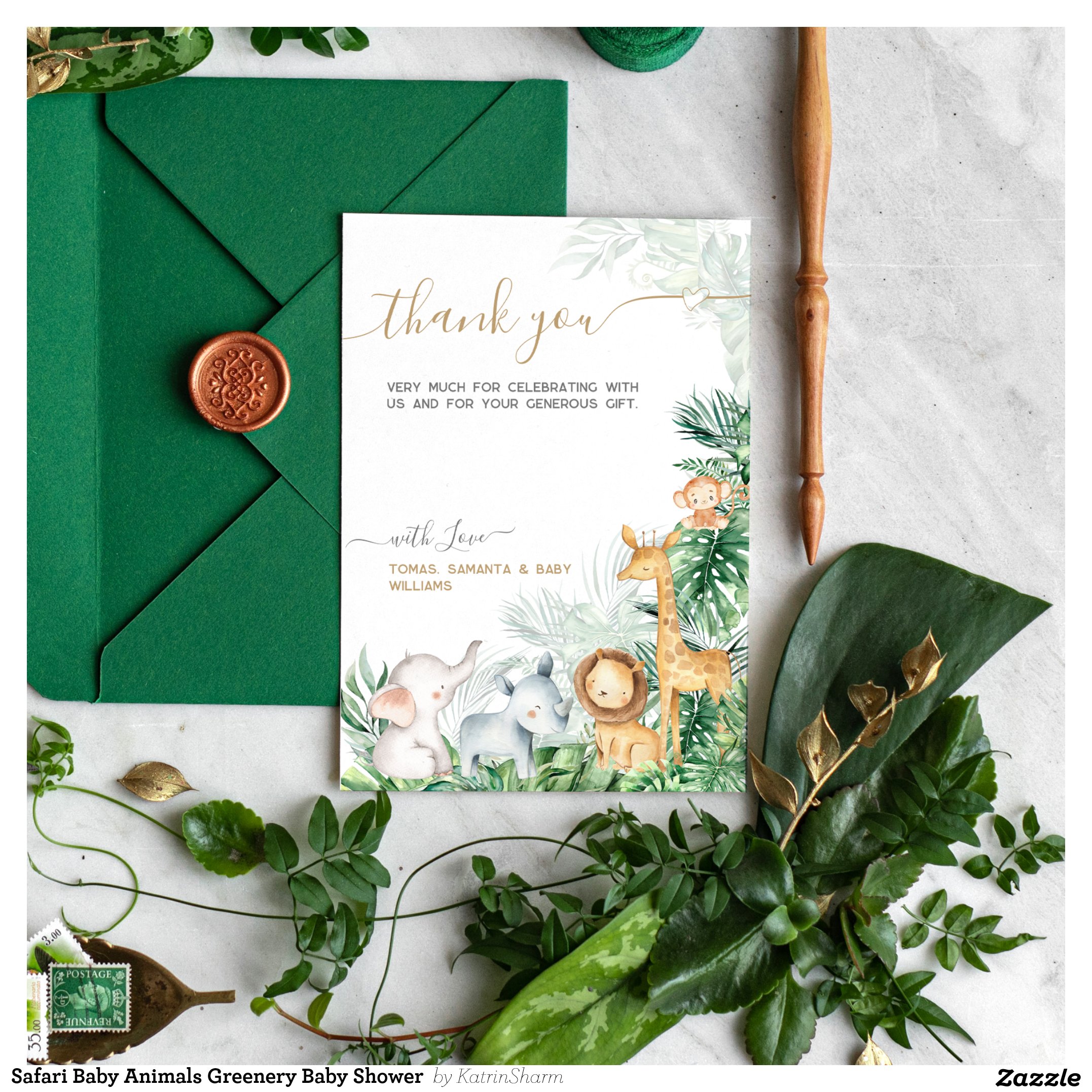 Safari Baby Animals Greenery Baby Shower Thank You Card