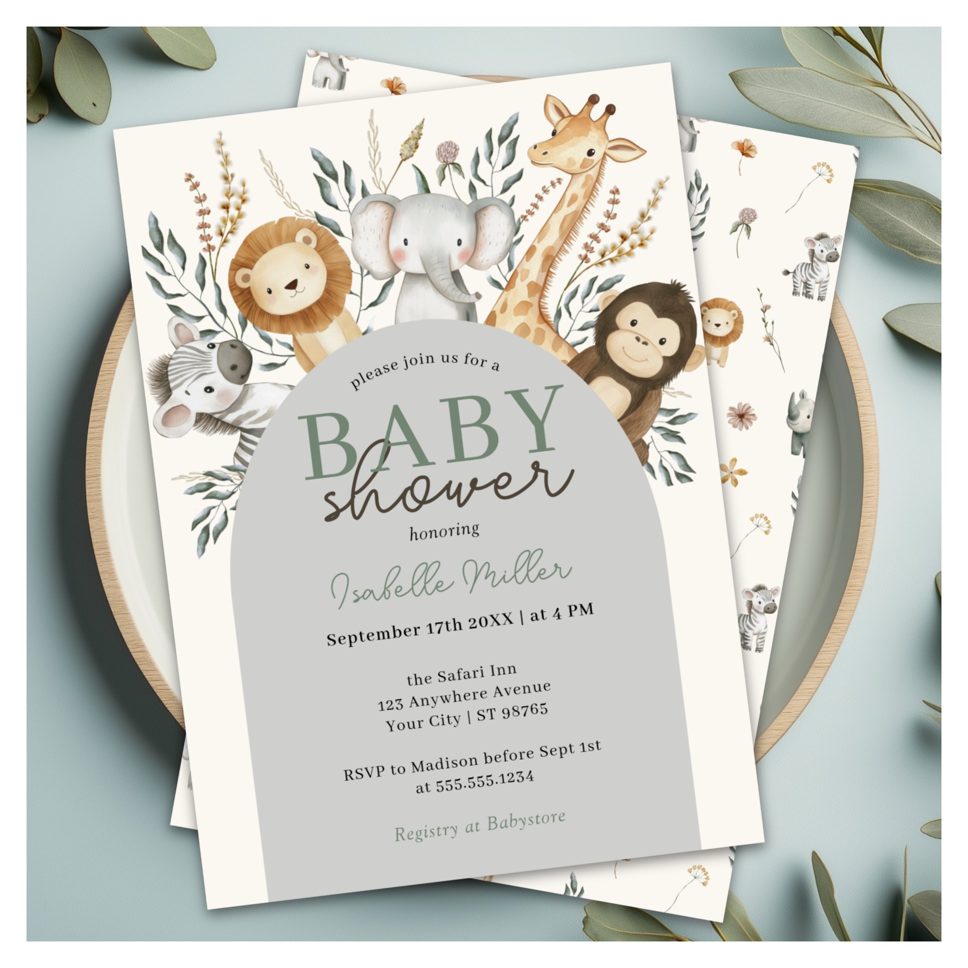 Safari Tropical Jungle Animals Boy Baby Shower Invitation