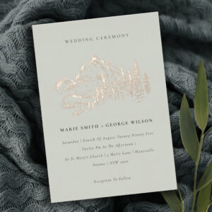 Saga Green Rose Gold Mountain Pine Sketch Wedding Foil Invitation