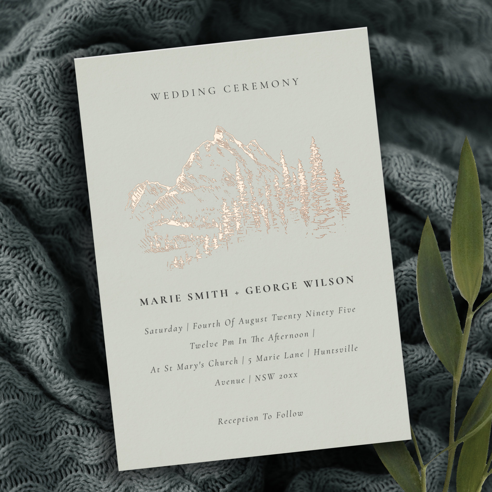 Saga Green Rose Gold Mountain Pine Sketch Wedding Foil Invitation