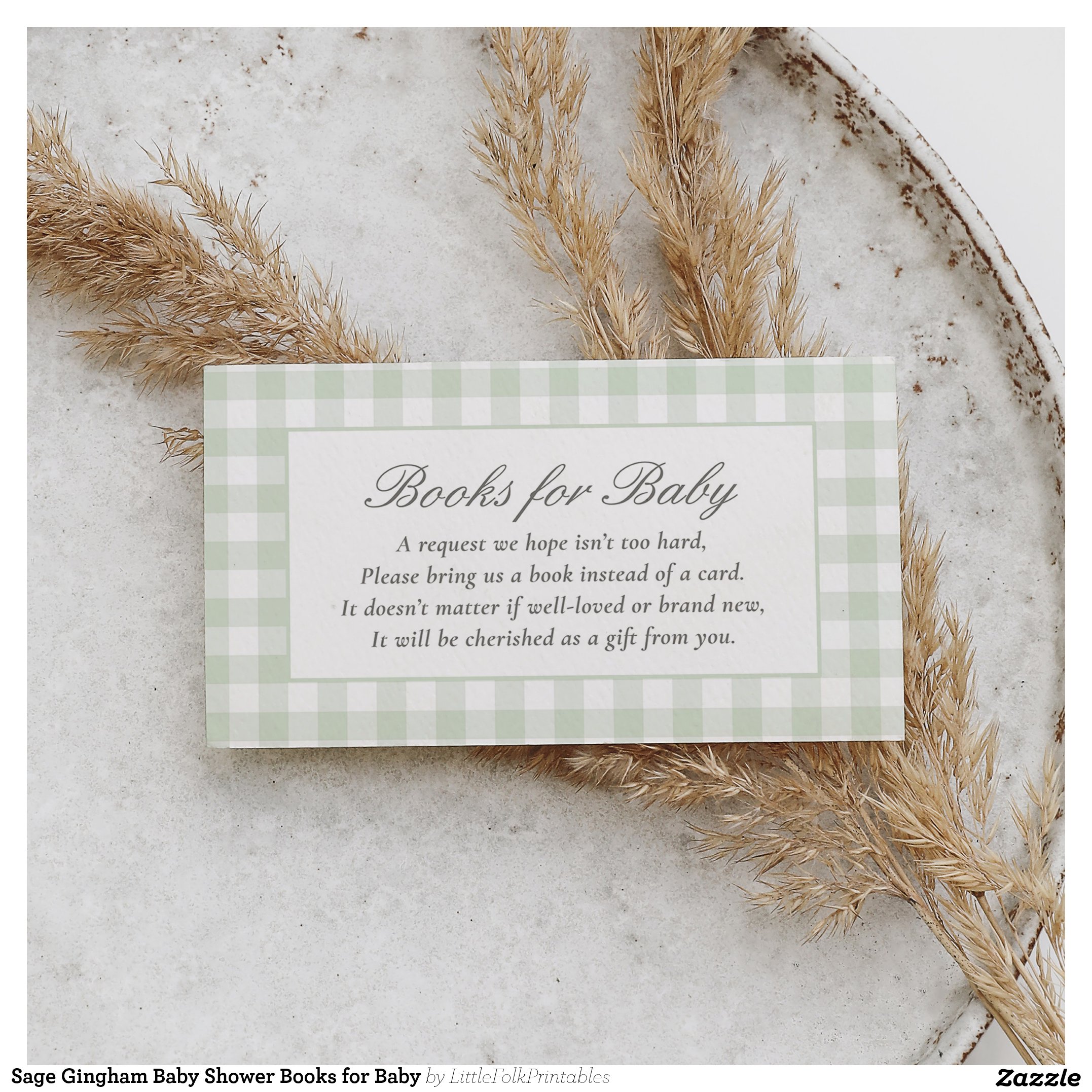 Sage Gingham Baby Shower Books for Baby Enclosure Card