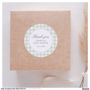 Sage Gingham Boy Baby Shower Classic Round Sticker