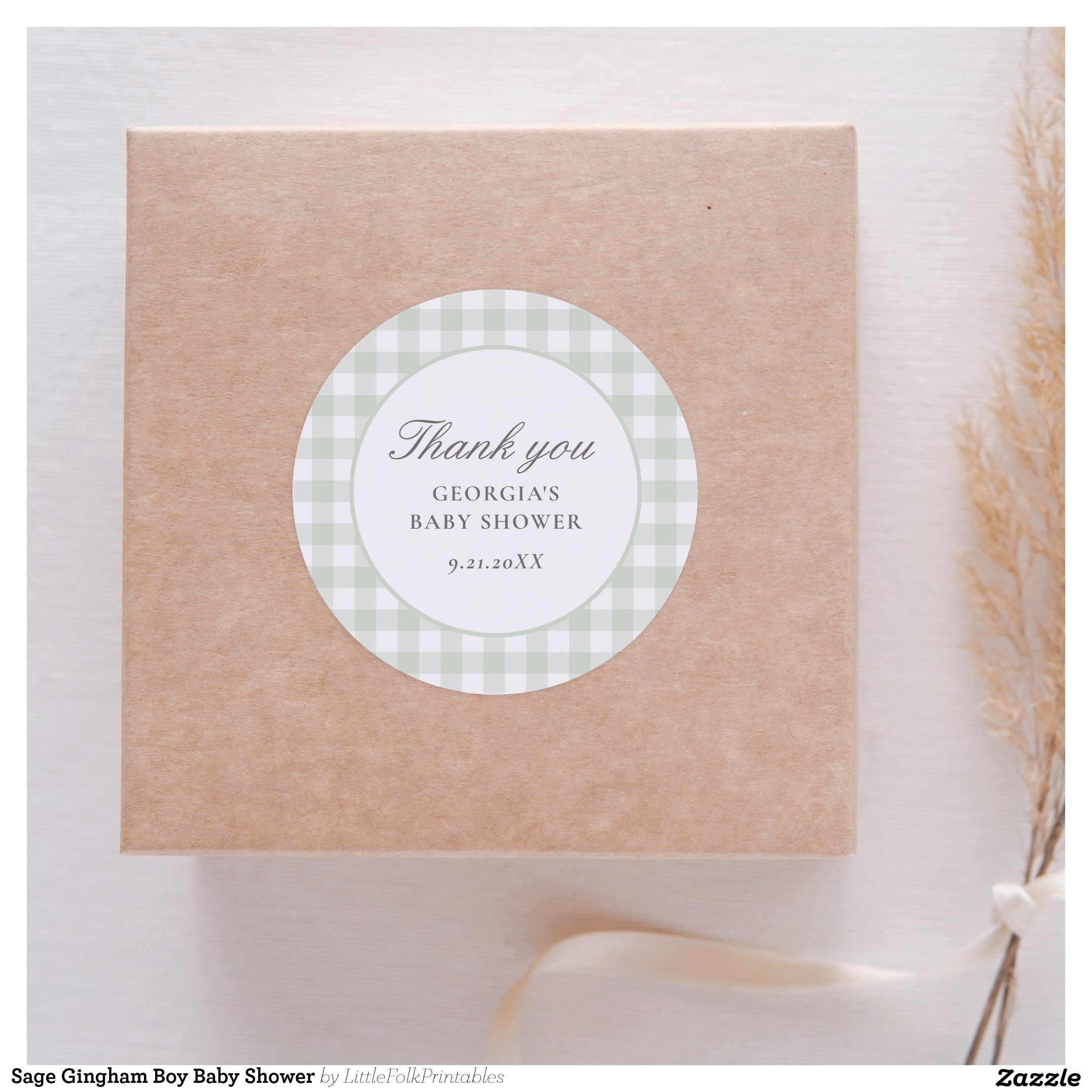 Sage Gingham Boy Baby Shower Classic Round Sticker