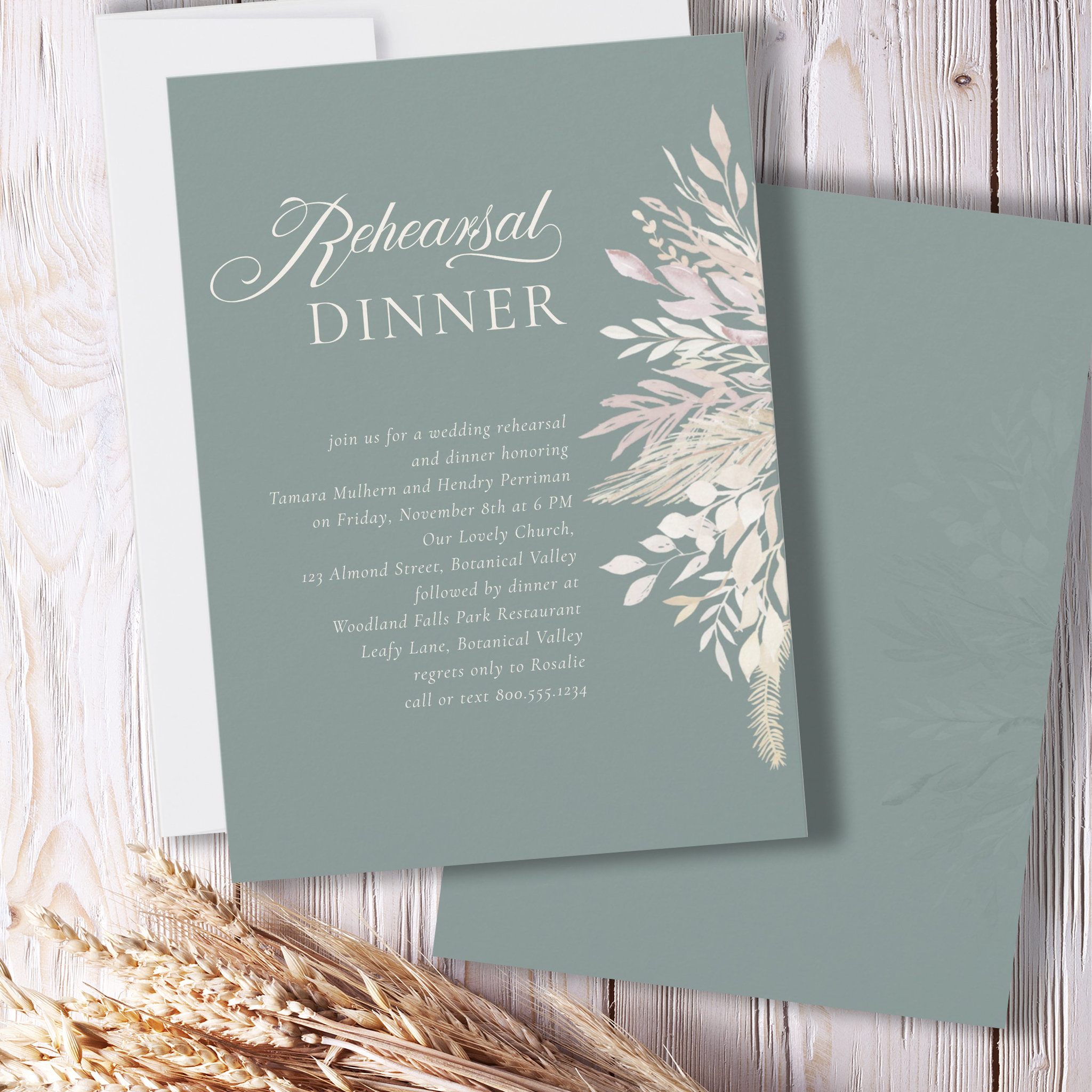 Sage Green Botanical Wedding Rehearsal Dinner Invitation